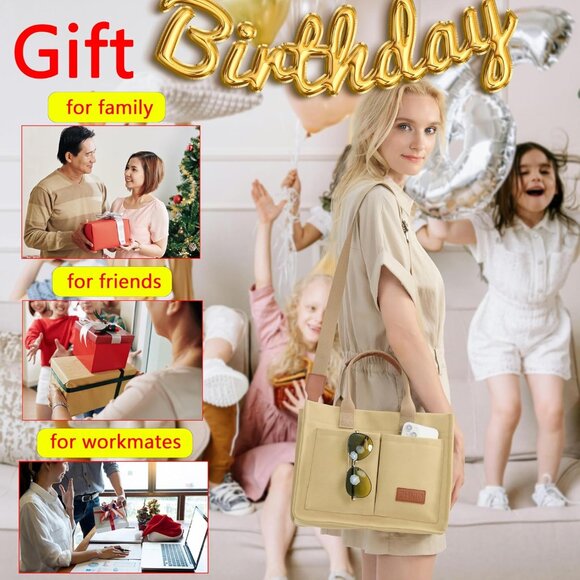 Women's Khaki Imported Canvas Laptop Crossbody Work Large Tote Handbags - Picture 7 of 8